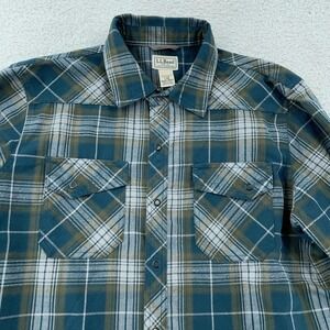 L.L. Bean Wool Blend Snap Front Shirt Mens L Western Flannel Green Blue Plaid‎